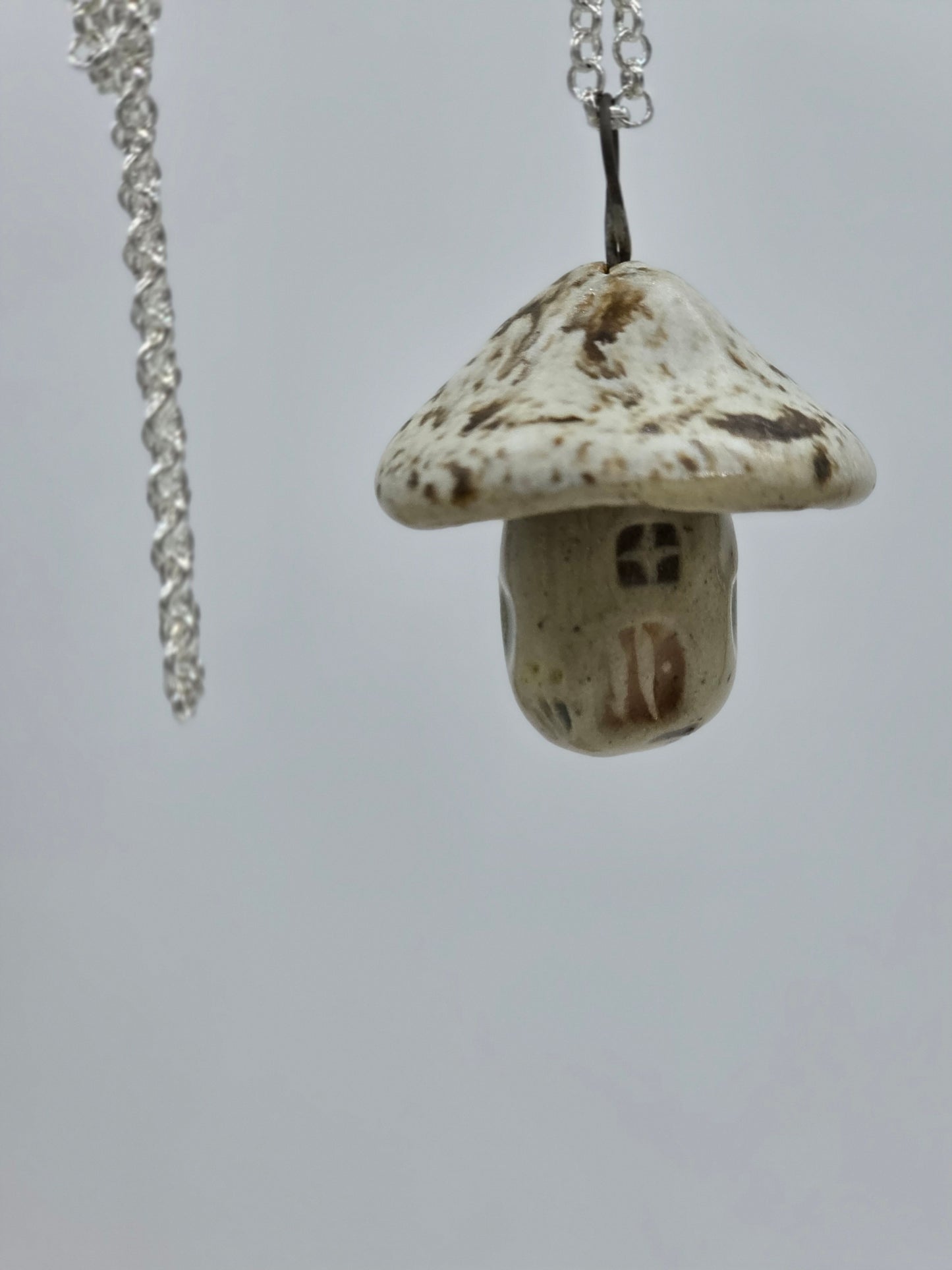 Speckled Mushroom House Pendant on 24" Sterling Silver 925 Rolo Chain Necklace