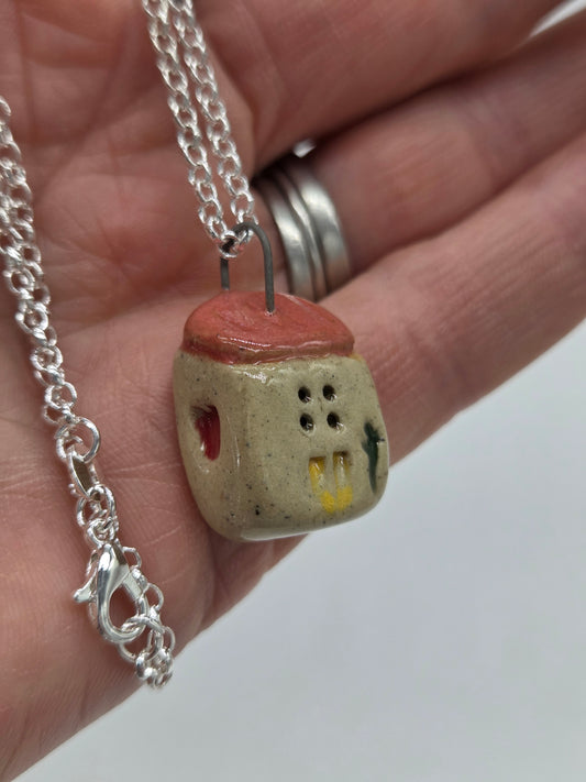 Rose Pink Tiny House Pendant on 20" Sterling Silver 925 Rolo Chain Necklace