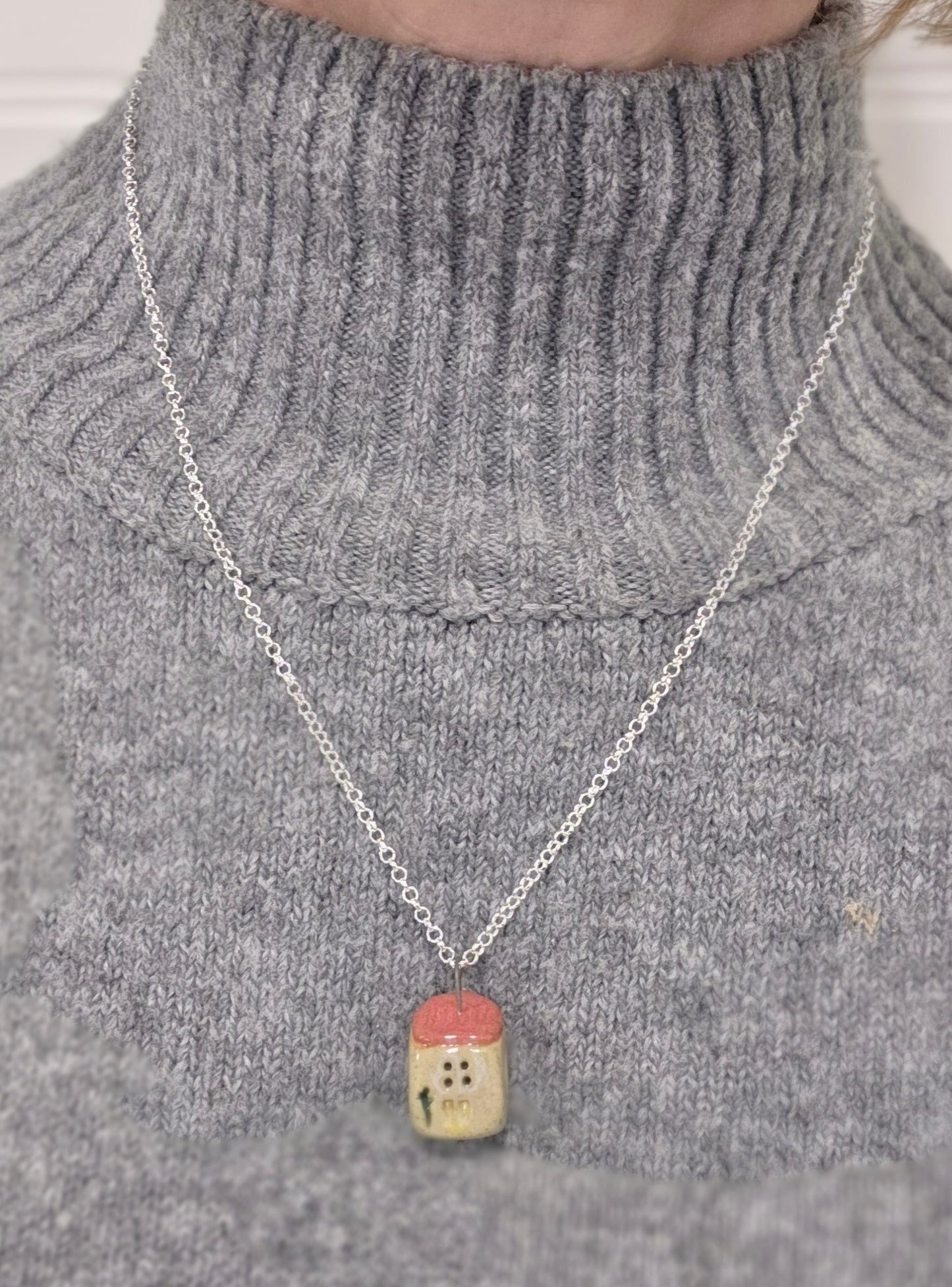 Rose Pink Tiny House Pendant on 20" Sterling Silver 925 Rolo Chain Necklace