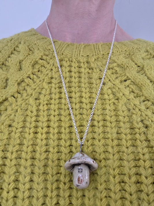 Speckled Mushroom House Pendant on 24" Sterling Silver 925 Rolo Chain Necklace