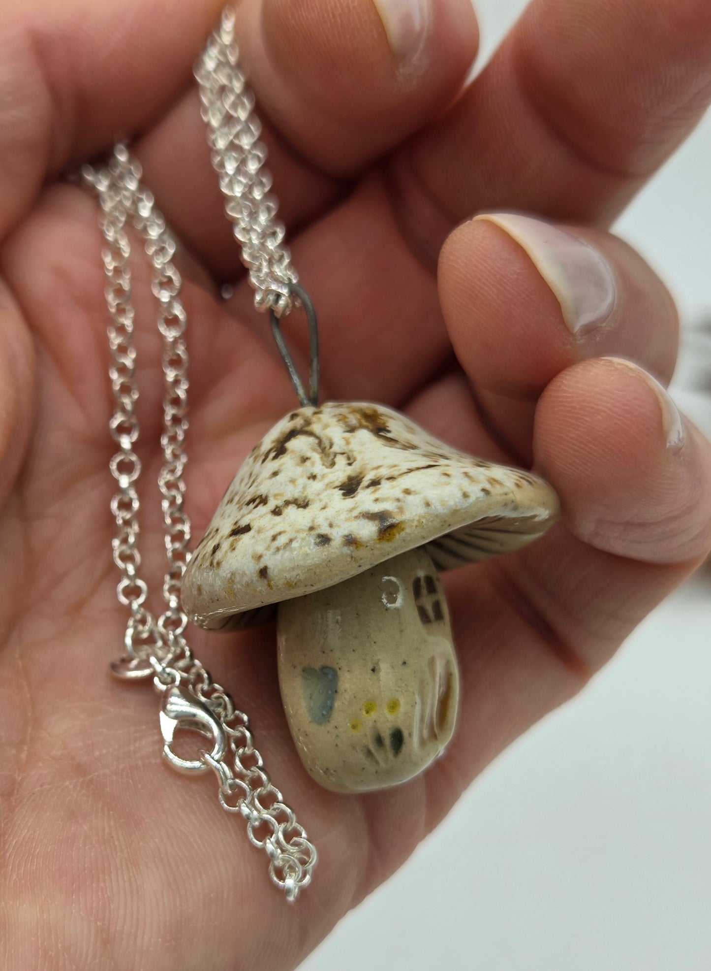 Speckled Mushroom House Pendant on 24" Sterling Silver 925 Rolo Chain Necklace