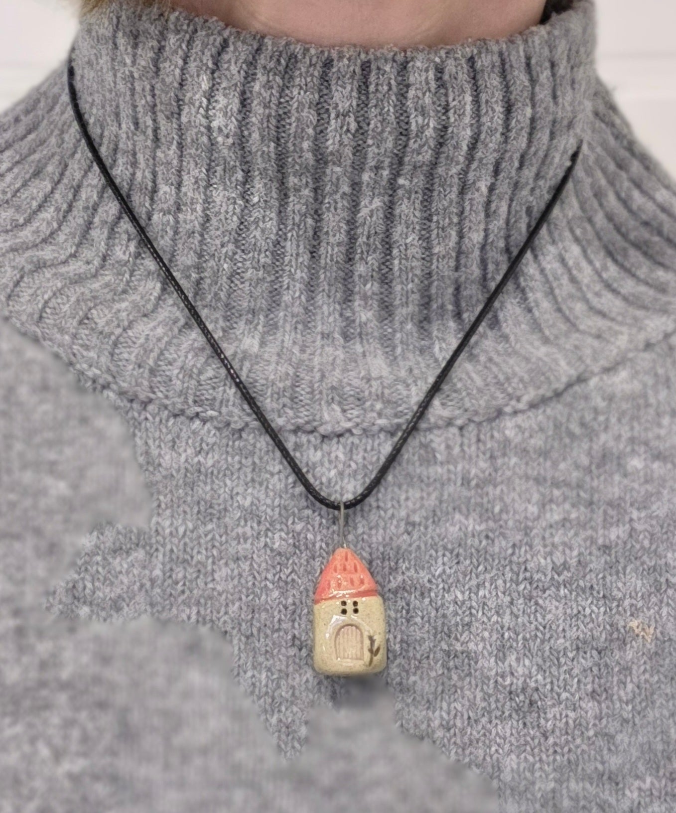 Rose Pink Tiny House Pendant on black waxed cotton necklace